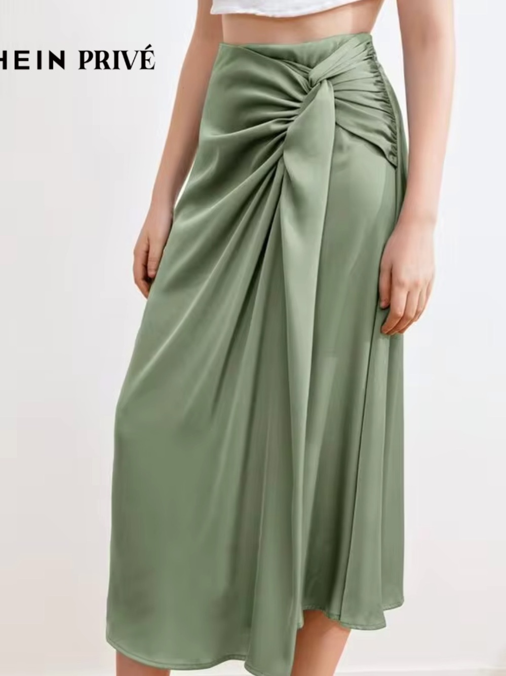 SHEIN Olive Green Satin Knot-Detail Maxi Skirt